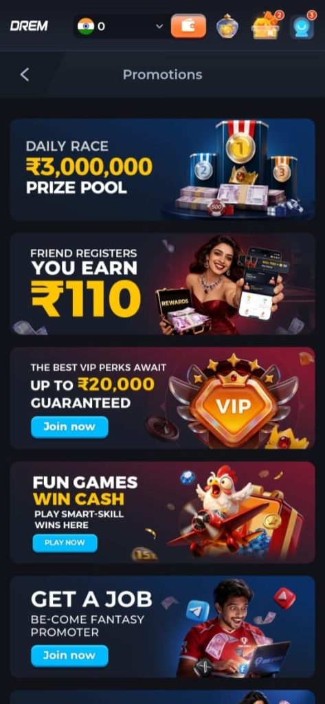 DREM Game promotions page featuring daily race prizes, referral rewards and VIP membership offers