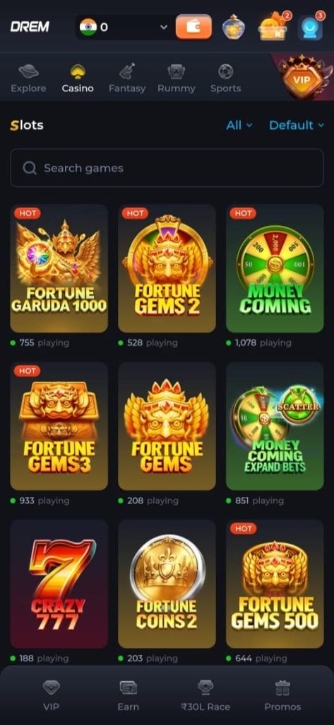 DREM Game casino slots screenshot featuring Fortune Gems, Money Coming and Crazy 777 games