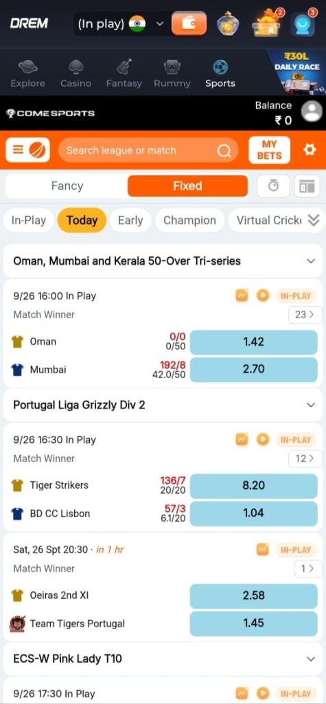 DREM Game sports section screenshot showing live cricket matches, team names and match odds