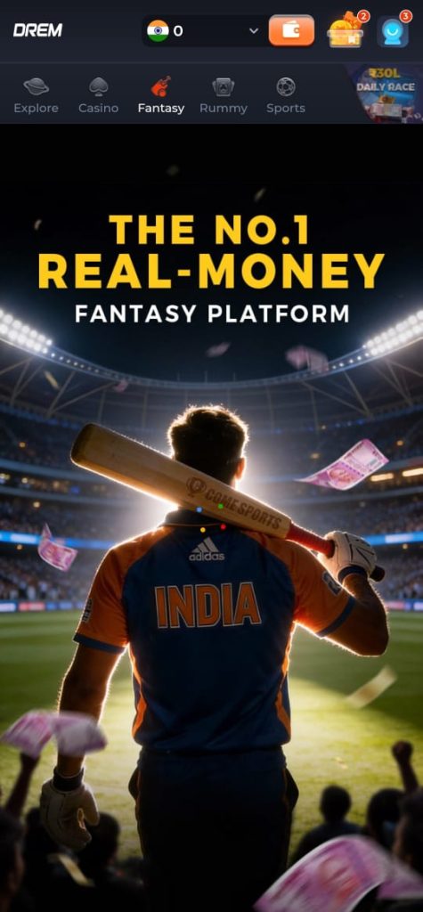 DREM Game cricket fantasy platform banner featuring an Indian cricket player in a stadium